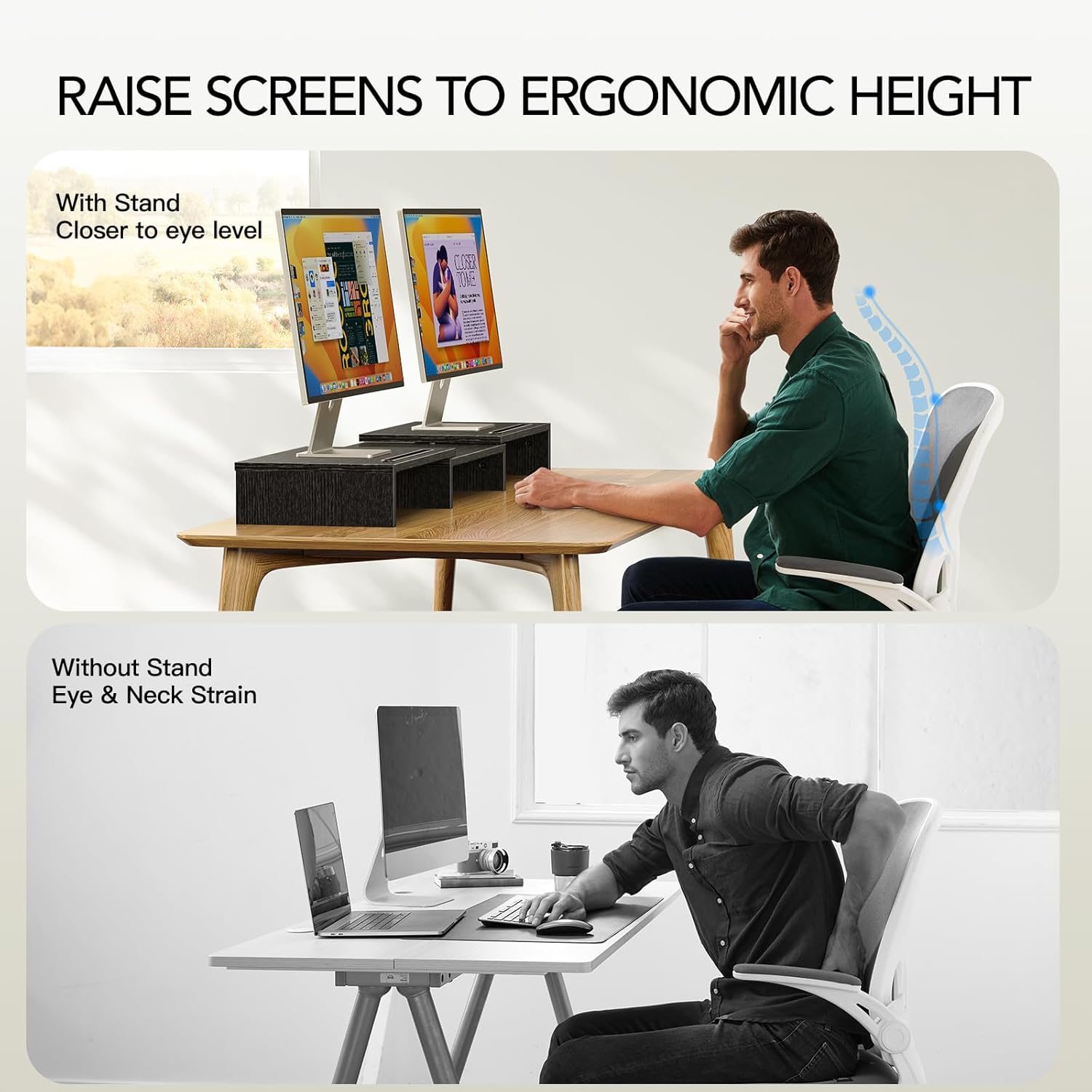 AMERIERGO Dual Monitor Stand Riser for 2 Monitors, Monitor Stand for Desk, Adjustable Computer Monitor Stand with 2 Slot, Multifunctional Desktop Organizer Stand for Laptop, PC, Computer, Printer - Image 3