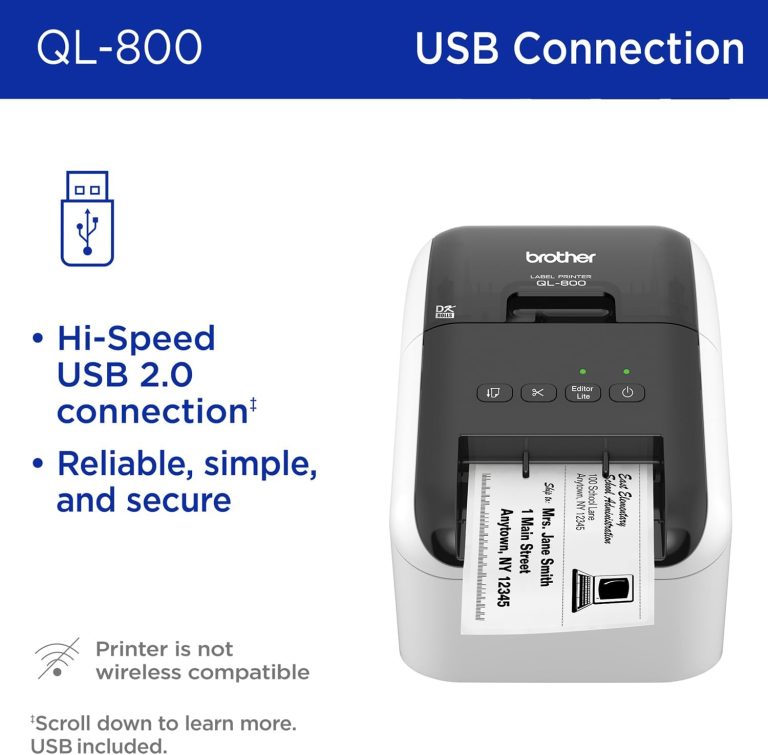 Brother QL-800 High-Speed Professional Label Printer, Plug & Label Feature, Brother Genuine DK Pre-Sized Labels, Multi-System Compatible – Black & Red Printing Available (Required USB Cable Included)