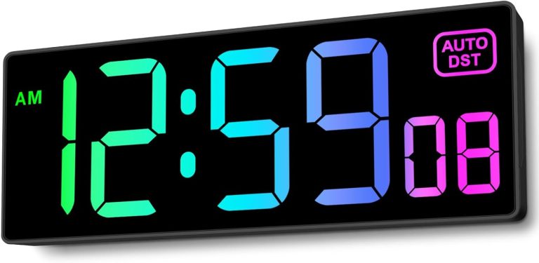 Soobest Large LED Digital Wall Clock 8 RGB Color Changing Display, Corded Plug in Electric Digital Clock with Seconds for Living Room Bedroom Desk Table Office, 5 Dimmers, Auto DST, 10 Inches