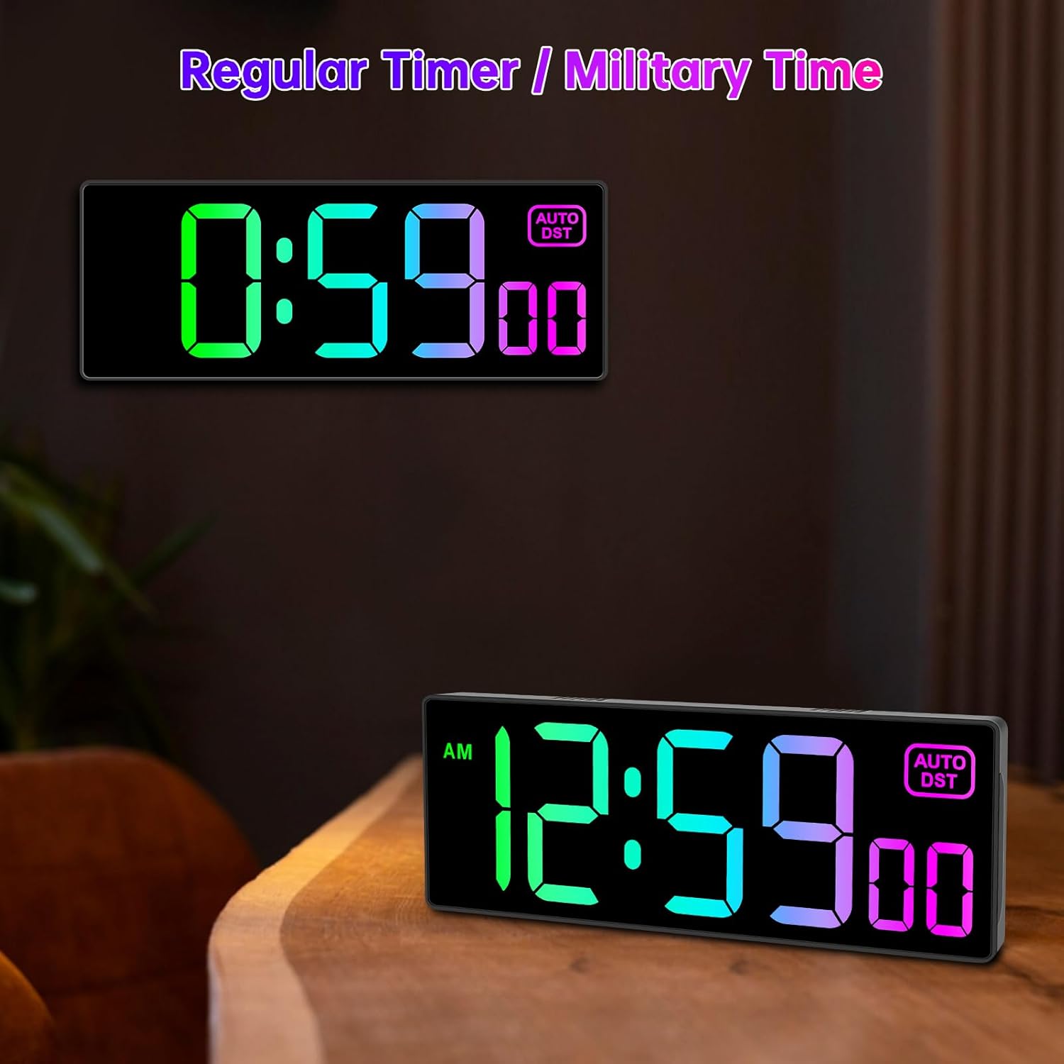 Soobest Large LED Digital Wall Clock 8 RGB Color Changing Display, Corded Plug in Electric Digital Clock with Seconds for Living Room Bedroom Desk Table Office, 5 Dimmers, Auto DST, 10 Inches - Image 3