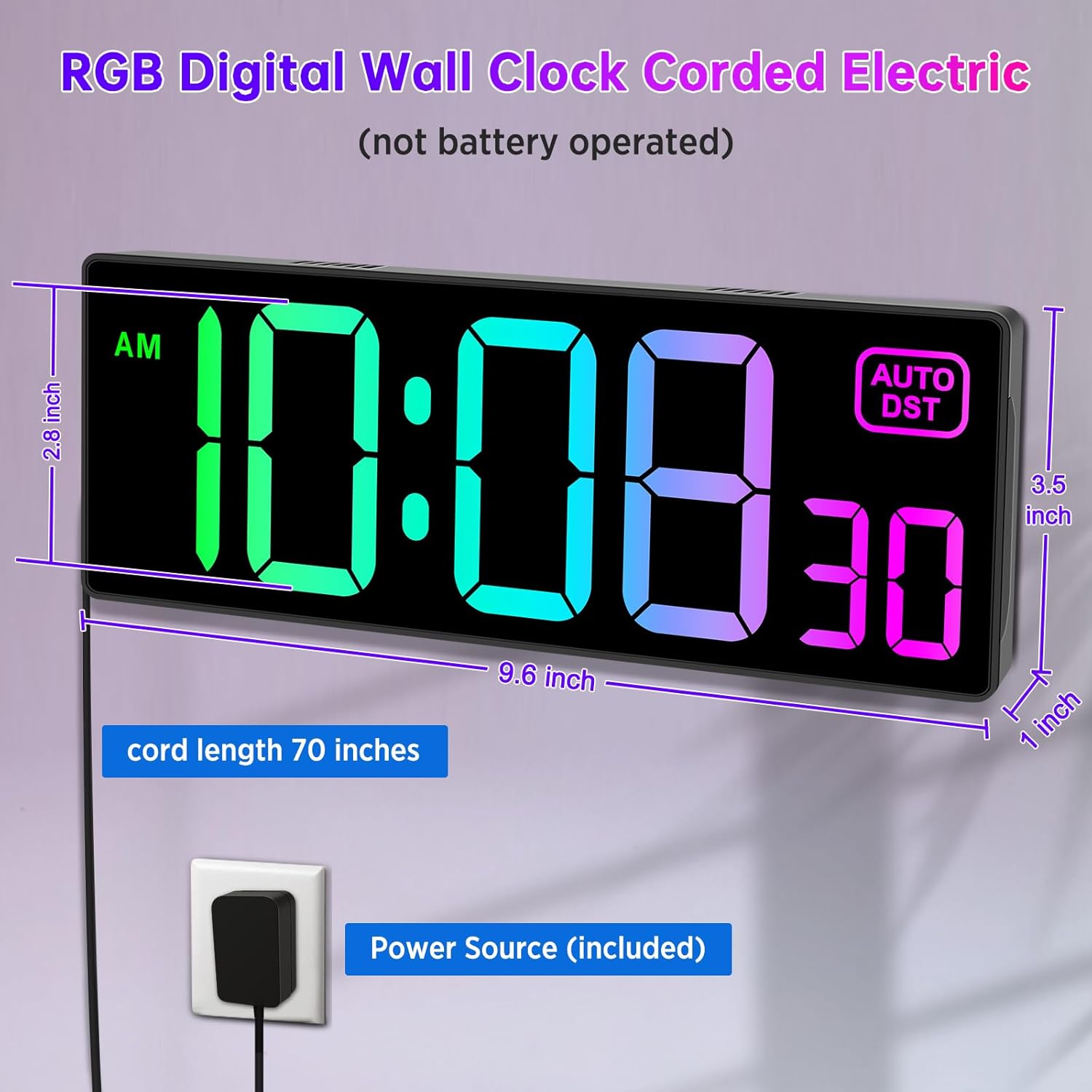 Soobest Large LED Digital Wall Clock 8 RGB Color Changing Display, Corded Plug in Electric Digital Clock with Seconds for Living Room Bedroom Desk Table Office, 5 Dimmers, Auto DST, 10 Inches - Image 4