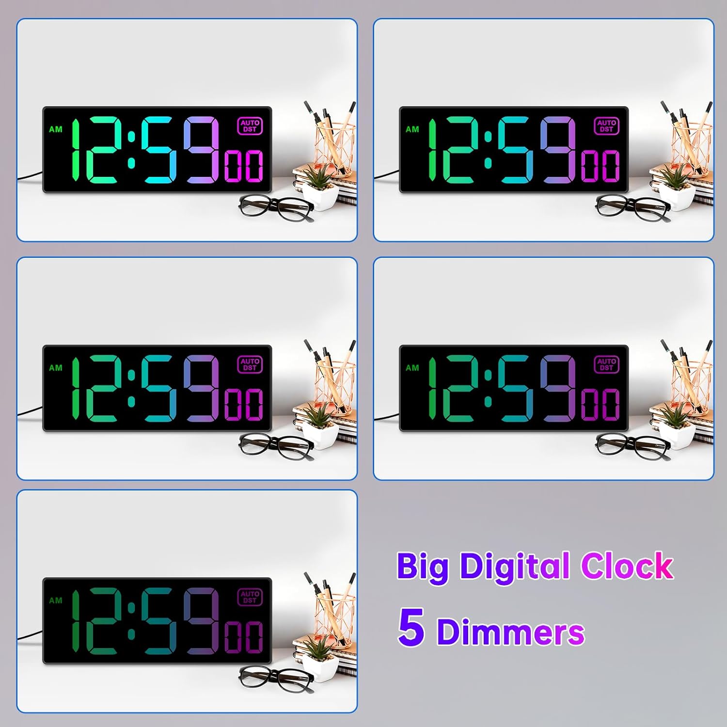 Soobest Large LED Digital Wall Clock 8 RGB Color Changing Display, Corded Plug in Electric Digital Clock with Seconds for Living Room Bedroom Desk Table Office, 5 Dimmers, Auto DST, 10 Inches - Image 5