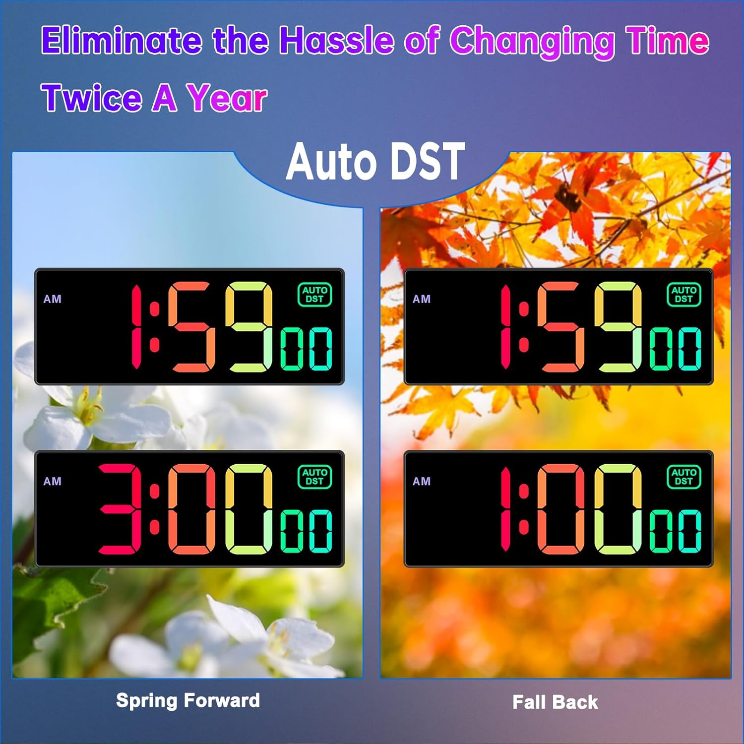 Soobest Large LED Digital Wall Clock 8 RGB Color Changing Display, Corded Plug in Electric Digital Clock with Seconds for Living Room Bedroom Desk Table Office, 5 Dimmers, Auto DST, 10 Inches - Image 6