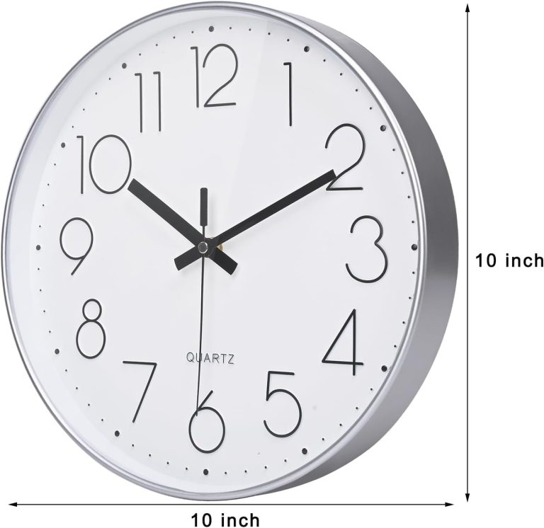 Wall Clock Modern Design, Silent Non-Ticking Battery Operated Clocks for Kitchen, Classroom (10 Inch, Silver)