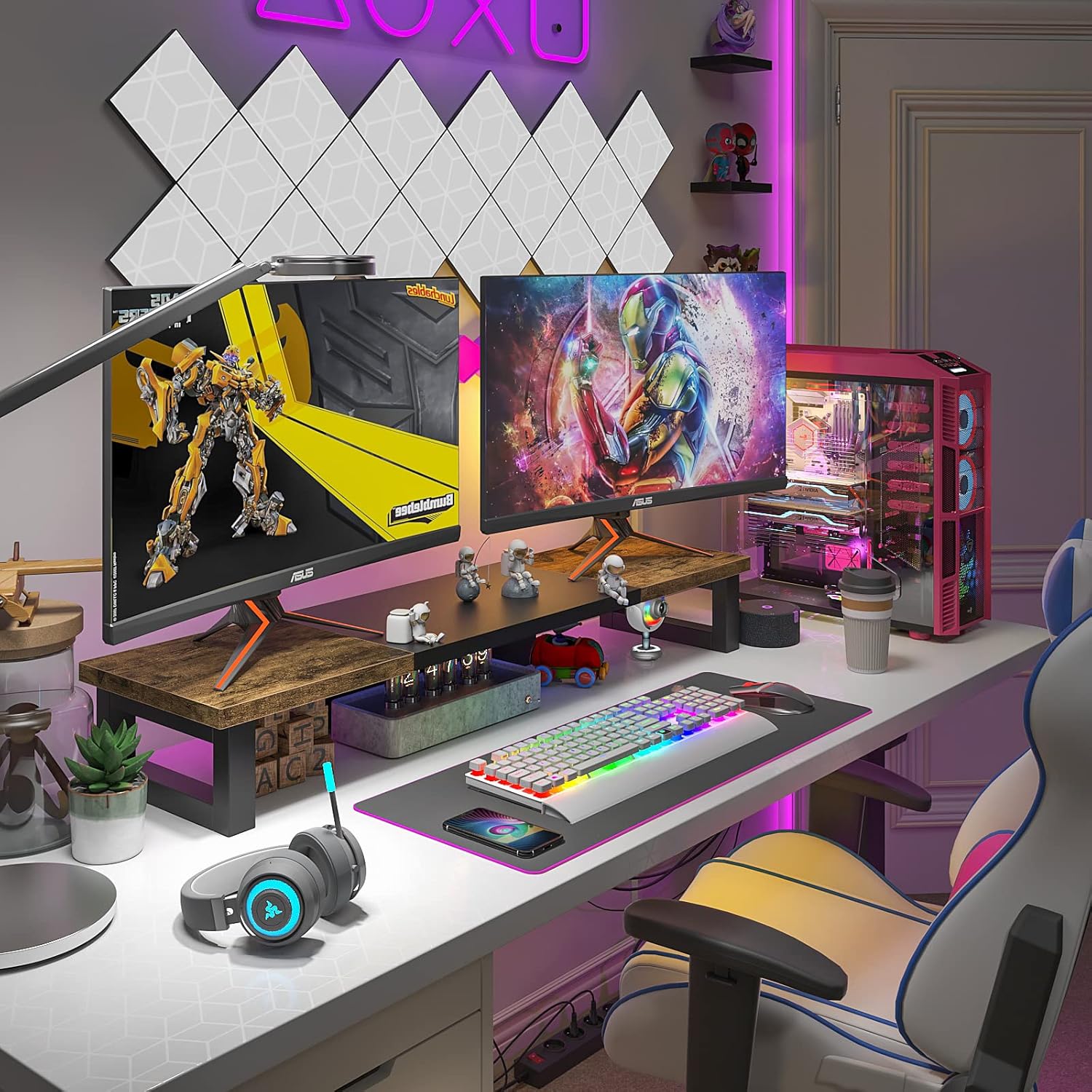 WESTREE Dual Monitor Stand Riser, Wood and Steel Monitor Stand Riser, Computer Monitor Stand for 2 Monitors, Multi-Purpose Desktop Storage Stand for Computer,Laptop,Printer,TV - Image 3