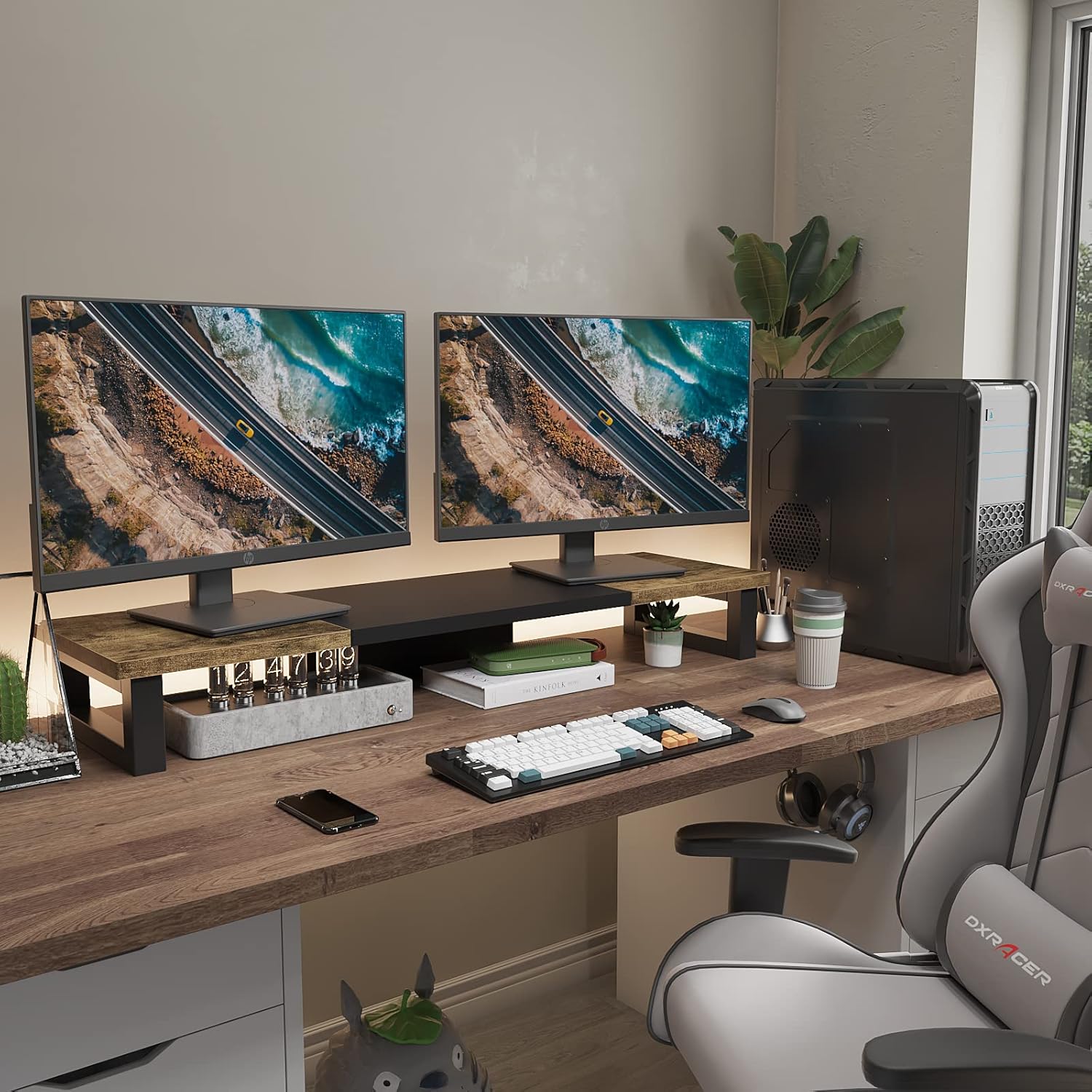 WESTREE Dual Monitor Stand Riser, Wood and Steel Monitor Stand Riser, Computer Monitor Stand for 2 Monitors, Multi-Purpose Desktop Storage Stand for Computer,Laptop,Printer,TV - Image 5