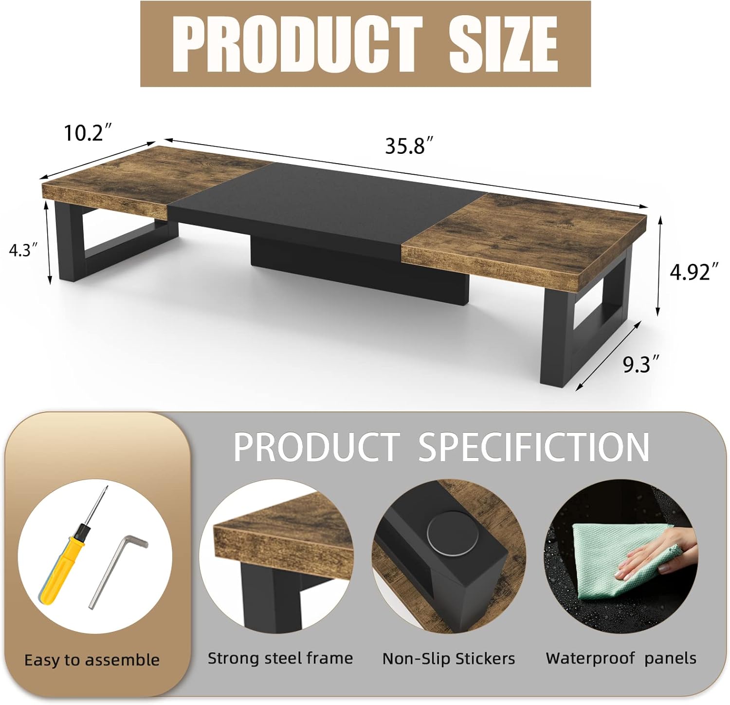 WESTREE Dual Monitor Stand Riser, Wood and Steel Monitor Stand Riser, Computer Monitor Stand for 2 Monitors, Multi-Purpose Desktop Storage Stand for Computer,Laptop,Printer,TV - Image 6